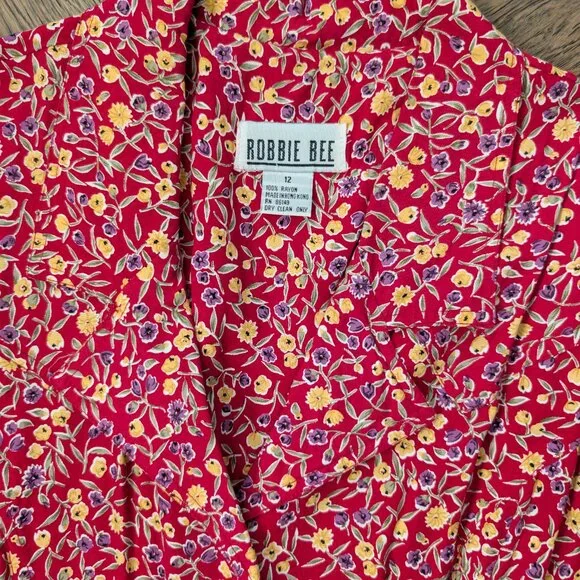 Vintage 90s Robbie Bee Floral Button Front Maxi Dress Red Rayon Sz 12 (Fits like - Picture 2 of 4